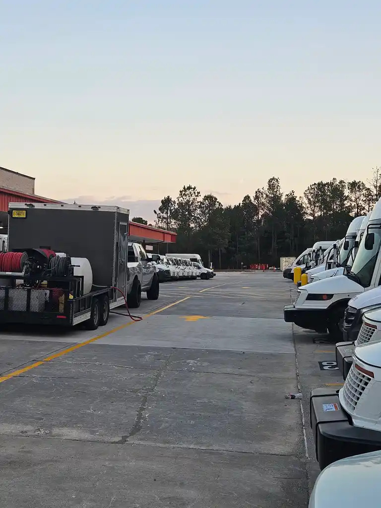 Pressure-washing trailer rig at a fleet vehicle depot