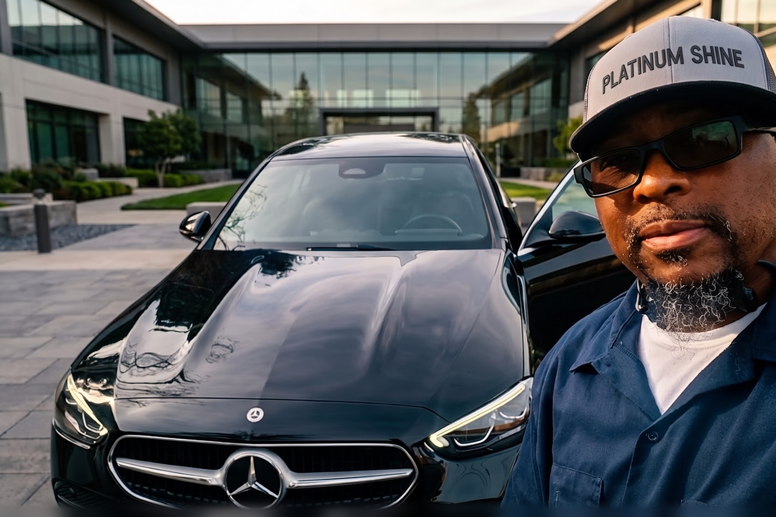 Kevin Mortley standing beside a freshly cleaned black Mercedes-Benz sedan