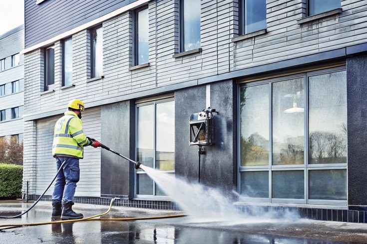 Worker in high-visibility gear pressure washing the walkway outside a modern building
