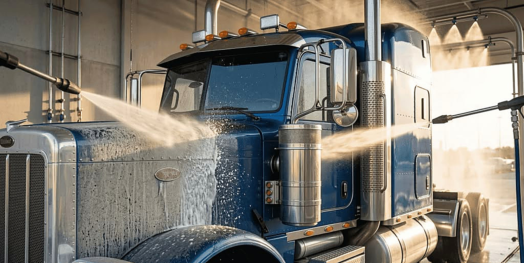 Blue truck in a wash bay